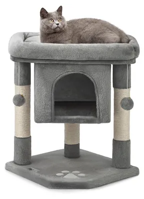 Image de Arbre à chat - Peluche avec cachette et 2 balles - 60 cm - Sisal - Gris foncé