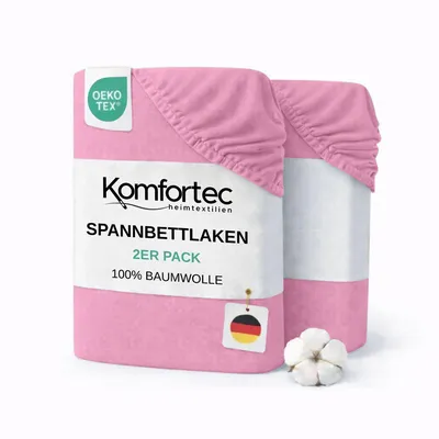 Produktbild von Komfortec 2er Pack Jersey Spannbettlaken 90x200 cm, 100% Baumwolle, Doppelpack Spannbettuch, Pink