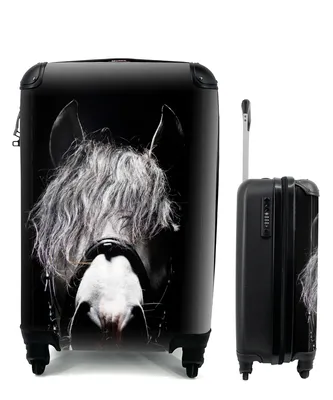 Produktbild von MuchoWow® Koffer Handgepäck Trolley Rollkoffer Kleine Reisekoffer mit 4 Rollen - Pferd - Porträt - Schwarz - Weiß - Cabin Size < 55x40x23 cm & 55x40x20 cm - Kinderkoffer - Kabinenkoffer - Boardgepäck - Reise-Box - Reisekoffer - Reisegepäck - Koffer mit Bild - Trolley für Kinder