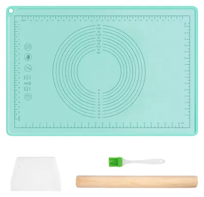 Produktbild von Silikon-Backmatte mit Rand, 70 x 50 cm, grüne Silikon-Backmatte, Teigmatte mit Messskala, Backmatte mit Nudelholz, Teigschaber, Backpinsel, Backmatte für Gebäck, Brot, Kekse, Pizza, Fondant und Pasta