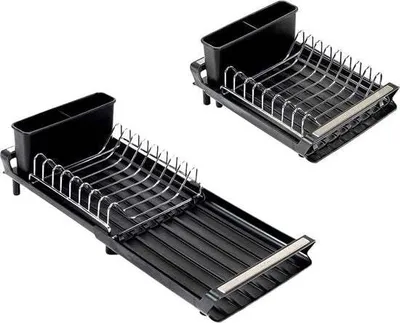 Produktbild von Merkloos CozyBel Abtropfgitter in Schwarz - Küchenabtropfgitter mit Abtropfschale und Besteckhalterung Faltbares Abtropfgitter mit Abtropfschale