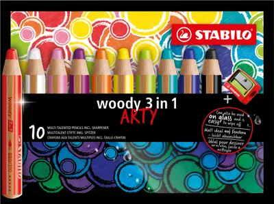 Immagine prodotto di Matita colorata, acquerello e pastello a cera - STABILO woody 3 in 1 - ARTY - confezione da 10 - con 10 diversi colori e temperino