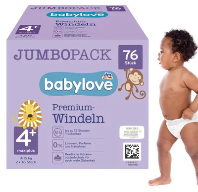Zdjęcie produktu dla babylove pieluchy premium aktywne plus rozmiar 4+, maxiplus 9-20 kg, opakowanie Jumbo 2 x 38 sztuk, 1 x 76 szt.