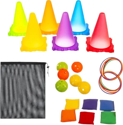 A collection of colorful arcade game accessories, including cones, balls, beanbags, and a mesh bag, arranged on a white background.