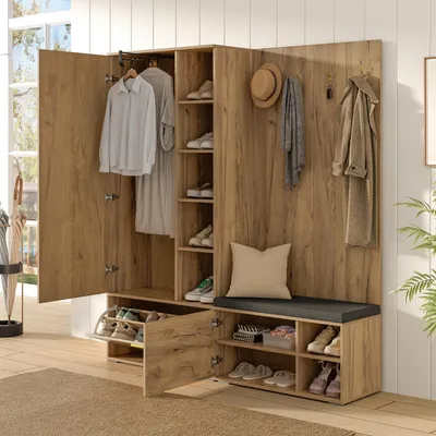 Produktbild von Flieks Garderobenset mit Schuhschrank, ausziehbarer Kleiderstange, 4 Haken, Spiegel, Schuhbank, Wandgarderobe für den Flur,Flurmöbel-Set,Schwarz+Natur