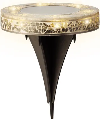 A solar-powered ground light with a mosaic design and LED lights.