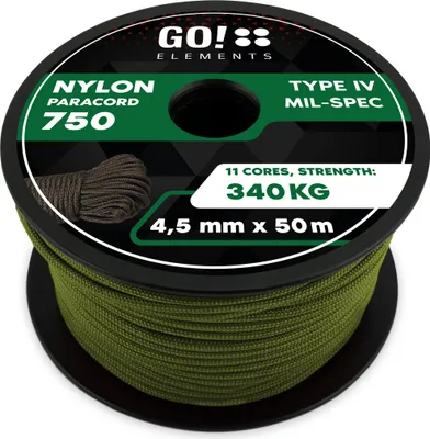 Produktbild von GO!elements 50m Paracord Seil aus reißfester Nylonschnur - 4,5mm Paracord 750 Typ IV Schnur - geeignet als Allzweckseil & Reepschnur - Max. 340kg, Farbe: Oliv