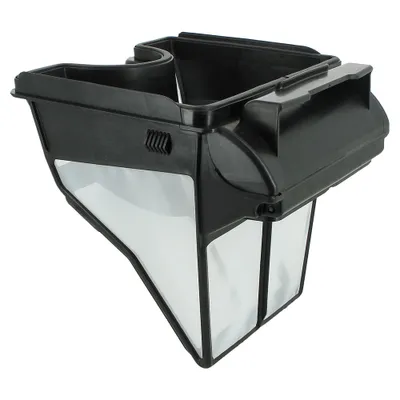 A black and white filter basket for a pool cleaner.