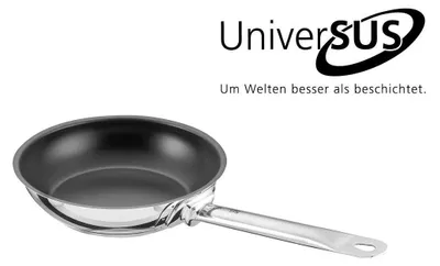 A frying pan is shown on a white background with a logo and text above it.