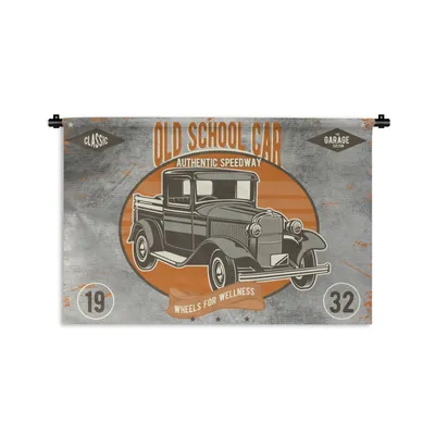 Produktbild von MuchoWow® Wandteppich Wandbehang Mancave - Auto - Orange - Grau - Vintage 120x80 cm Tapisserie Dekoration Wandtuch - Wanddekorationen - Wandtücher