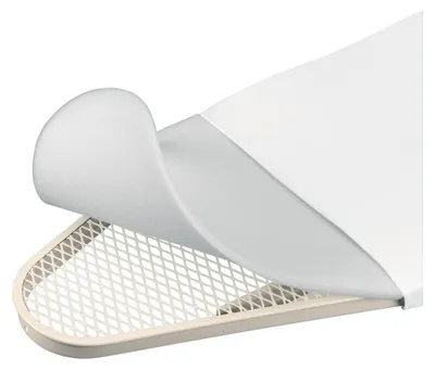 A close-up view of an ironing board cover being lifted to reveal the padding and the metal mesh underneath.