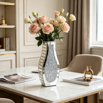 Produktbild von Vrygle Tischvase 38,5 cm Silber, Spiegelglas mit Kristall-Dekor, Deko Vase