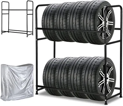 Productafbeelding van Bandenrek van 107 x 46 x 117 cm voor 8 banden, met verstelbare hoogte, draagvermogen 180 kg en bandenhoes voor garage, kelder of werkplaats