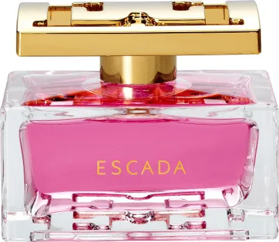 A close-up studio shot of an Escada perfume bottle.