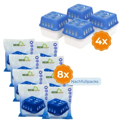 A product shot of dehumidifier units and refill packs.