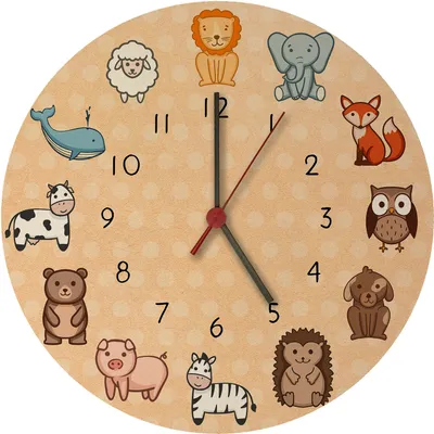 A clock face with cartoon animals representing numbers.