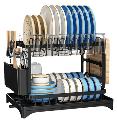 Image de Étagère à vaisselle, 2 niveaux, design autonettoyant, couleur noire