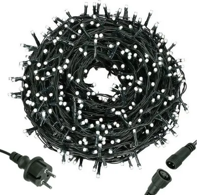 A coiled string of white LED lights with a black cable and power plug.