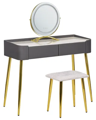 Produktbild von BELIANI Schminktisch Grau und Gold MDF-Platte mit Metallbeinen Rundem LED-Spiegel 2 Schubladen Hocker Glamour für Erwachsene Schlafzimmer Jugendzimmer