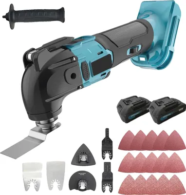Image de Outil oscillant sans fil, 6 vitesses, kit d'outils polyvalent, avec 2 batteries