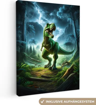 Zdjęcie produktu dla MuchoWow® - Obraz na płótnie - Dino - Chłopcy - Zielony - Niebieski - T-Rex, obraz na ścianę, dekoracja ścienna do salonu, 60x80cm