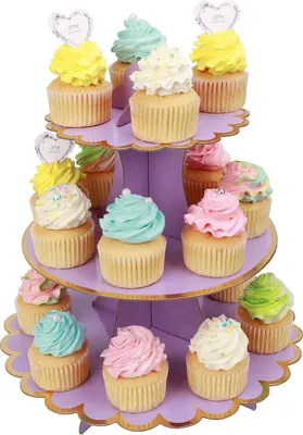 Obrázek produktu pro Třípatrový stojan na cupcakes a muffiny z kartonu, vhodný pro svatby, oslavy, narozeniny, dětské oslavy a jako podnos na dorty a dezerty, barva: fialová