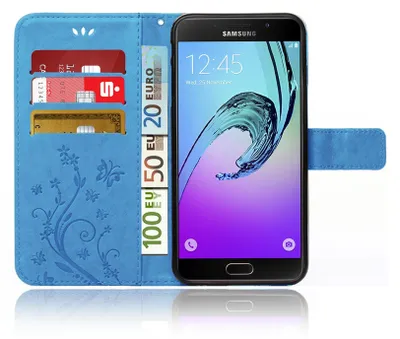 Produktbild von Handy Tasche für Samsung Galaxy A3 2016 Schutz Hülle Handyhülle mit Blumenmuster Klapp Hülle mit Standfunktion und Kartenfächer Farbe: Blau