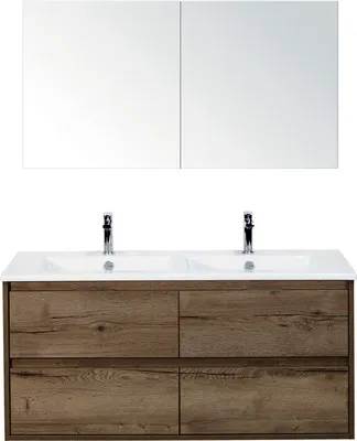 Produktbild von Sanox Badmöbel-Set Porto BxHxT 121 x 170 x 51 cm Frontfarbe tabacco mit Doppel-Waschtisch Keramik weiß, Waschtischunters