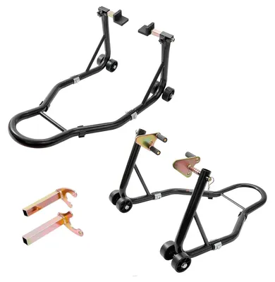 Image de Support pour moto, pour roue avant et arrière - Capacité de 385 kg - Construction en acier - Noir - Adapté pour garage et atelier