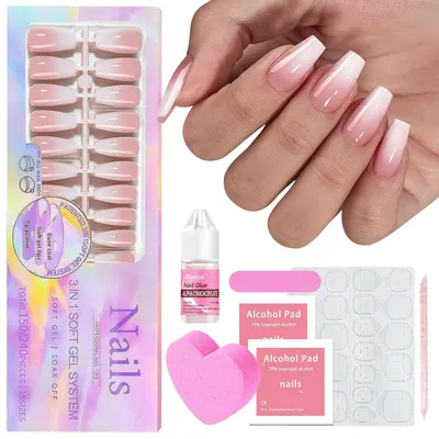 Produktbild von Falsche Nägel Tips Set 150 Stück French Medium Almond Rosa Gradient Full Cover Acryl Künstliche Fingernägel