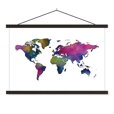 Produktbild von MuchoWow® Textilposter Weltkarte - Aquarell 90x60 cm mit schwarzem Rahmen - Aufhängungssatz