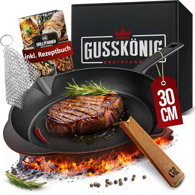 Produktbild von Gusskönig Feuerpfanne 30 cm mit Stiel Lederüberzug und Ringreiniger