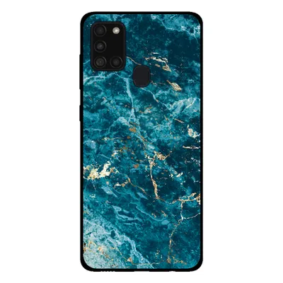 A smartphone case with a blue and gold marble pattern.