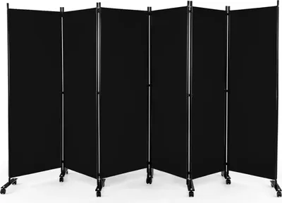Image de Cloison de séparation - Paravent - 6 panneaux - À roulettes - Pliable - Plastique - Brise-vue - Noir