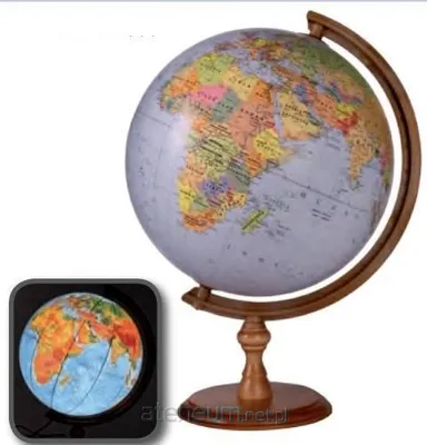 A political/physical globe on a wooden stand, with a smaller inset image of the globe.