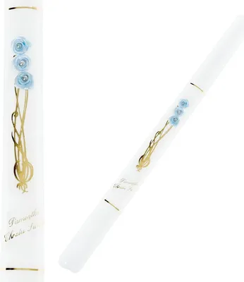 Produktbild von Taufkerze, weiß, glatt, mit blauen Blumen und goldenen Verzierungen