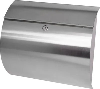 A stainless steel mailbox against a white background.