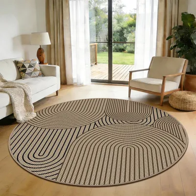 Produktbild von Teppich rund 160 cm Jute Optik Rutschfest Braun-Schwarz