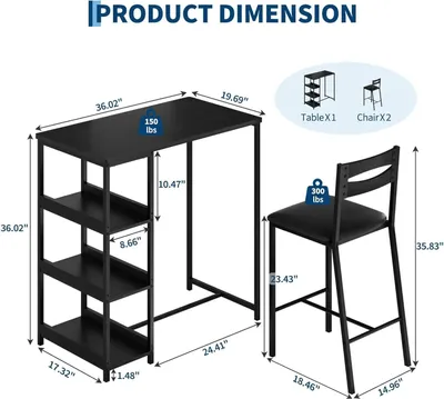 Produktbild von Essgruppe für 2 Personen - Bartisch mit Hockern - Platzsparender Küchentisch - Ablagefächer - Metallgestell - Gepolsterte Barhocker - Schwarz