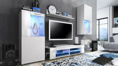 Produktbild von Vladon Wohnwand Movie, Anbauwand bestehend aus 1 TV-Board, 2 Vitrinen und 1 Regal, Weiß matt/Weiß matt/Weiß Hochglanz inkl. LED-Beleuchtung blau (Gesamt: 300 x 190 x 39 cm)
