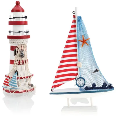 Maritime Dekoration Set – Holzsegelboot & Leuchtturm, 2-teilig