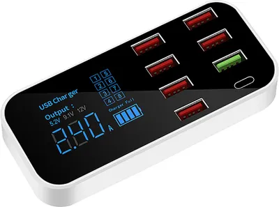 Produktbild von A9S + 8-Port-Autoladegeraet mit LED-Anzeige Typ C QC3.0 Schnellladung Intelligente tragbare sichere Fahrzeugladestation
