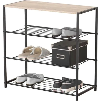 Image de Etagère Entrée Range-Chaussures 3 niveaux - Métal et Bois - 63 x 30 x H 63 cm - Design Industriel