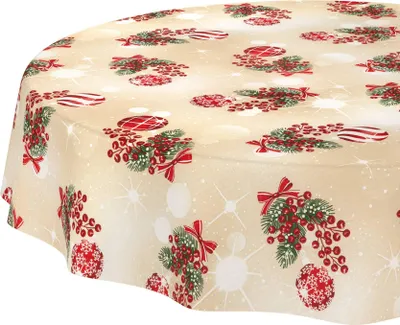 Produktbild von Tischdecke Weihnachten Weihnachtskugel Beige Rund 100cm Schnittkante Wasserabweisend abwaschbar