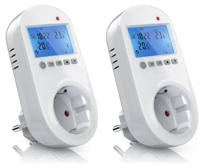 Two white plug-in thermostats with LCD displays are shown side-by-side against a white background.