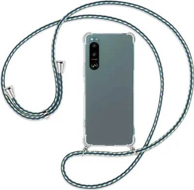 Produktbild von Handykette Backcover-Schutzhülle mit Band (Metall silberfarben) für Sony Xperia 5 IV (6.1'') - grün/blau/weiß