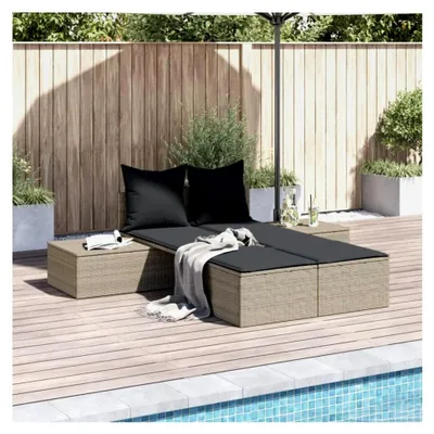 Produktbild von Gartenliege, Relaxliege, Balkonliege, Strandkorb, Liegestuhl, Doppel-Sonnenliege mit Kissen in Hellgrau aus Poly Rattan