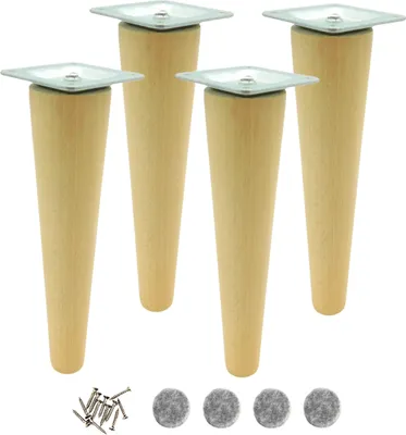 Four wooden furniture legs with metal mounting plates, along with screws and felt pads, are displayed against a white background.