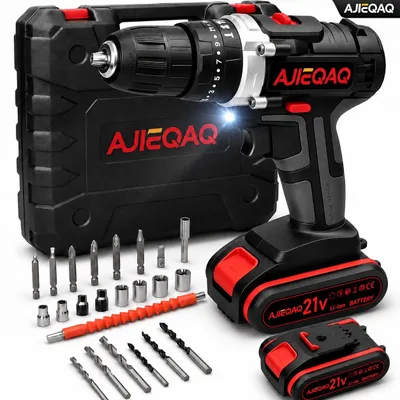 Produktbild von AJIEQAQ Akkuschrauber 21V Set, 3-in-1 Akku-Schlagbohrschrauber mit 2×2.0Ah Akkus, 45Nm, LED Arbeitslicht, Zubehör & Koffer
