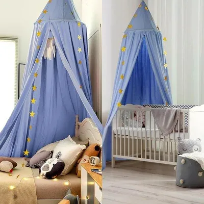 Immagine prodotto di Tenda da letto per bambini blu, in cotone, con motivi di principesse e stelle, con zanzariera